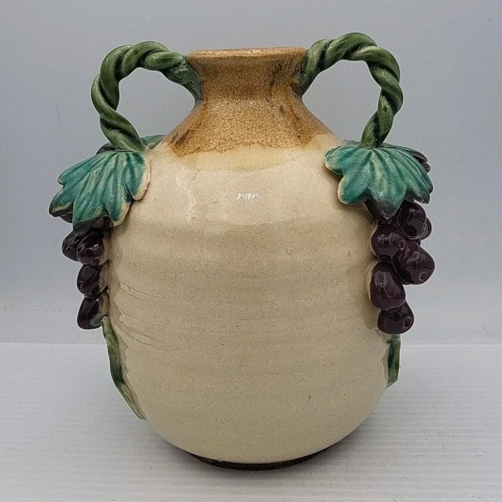 Double Handle Pottery Vase Jug, Grapes Leaves Vines Twisted Handles VTg